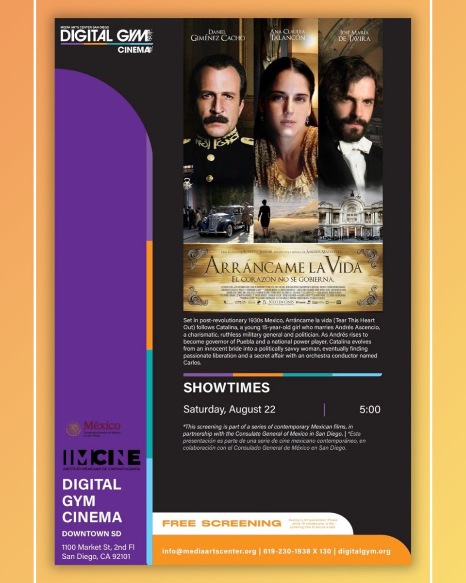 ConsulMexSdi's tweet photo. Para celebrar el #DíadelCineMexicano, los invitamos a la proyección especial en @DigitalGymSD de “Arráncame la vida” de R. Sneider, sobre la novela de Ángeles Mastretta. Este sábado 22 de agosto, 5 pm. Entrada libre. #EligeCineMexicano @imcine 🇲🇽🎥 https://t.co/8ffIM047DK