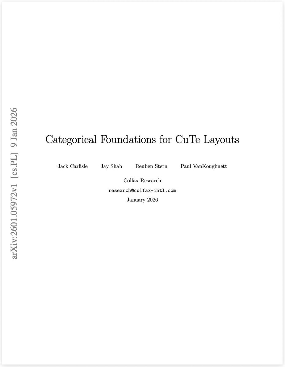 fedebruzzone7's tweet photo. From a category theory perspective: Categorical Foundations for CuTe Layouts

🔗https://t.co/BuL7RnPHkH https://t.co/6UcrRiH2m8