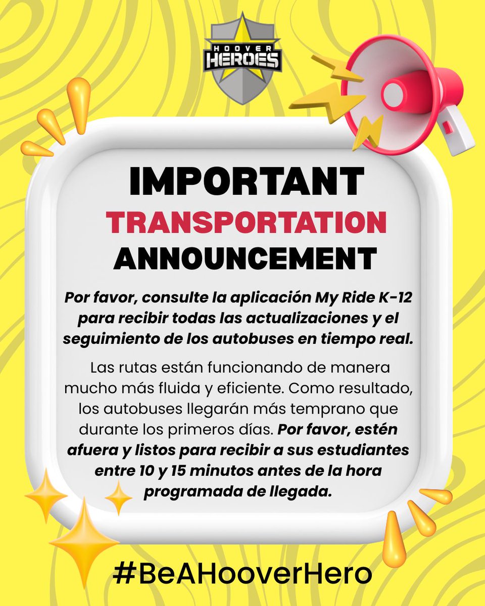 HooverCFISD's tweet photo. As a reminder, the direct bus update alerts were only for the first 3 days of school &amp; have now concluded.

Please monitor the My Ride K-12 app for all real-time bus updates &amp; tracking.

Thank you for your support as we get into the groove of the 26-27 school year. #BeAHooverHero https://t.co/1eGHEHtoZT