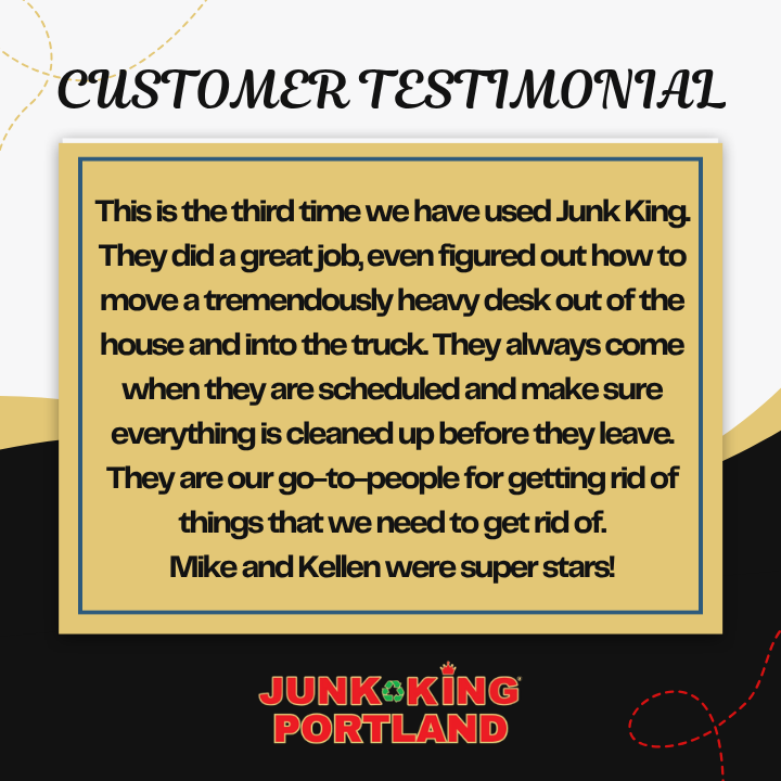 PortlandJunk's tweet photo. Third time's a charm — and so were the first two. 🚛 On schedule, cleaned up after, and somehow got a very heavy desk out the door. 👑

Free estimates from Junk King Portland.

#TestimonialTuesday #JunkKingPortland #JunkRemoval https://t.co/zFvfRhNP8Y