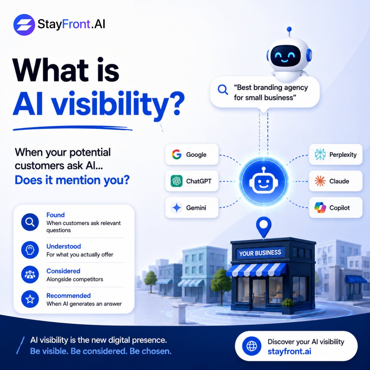 StayFrontAI's tweet photo. What is AI visibility?

When customers ask AI for recommendations, does your business show up?

https://t.co/lTdPesvBtQ helps you measure AI visibility, find gaps, and improve your chances of being discovered.

Be visible. Be chosen.

#AIVisibility #AISearch #AISEO #StayFrontAI https://t.co/iVNYLnrupu