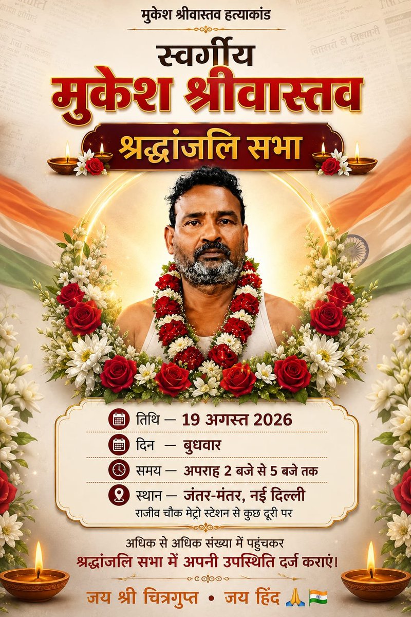 AnantKayastha's tweet photo. 🚨 मुकेश श्रीवास्तव हत्याकांड | अब चुप्पी नहीं जंतर-मंतर पर गूंजेगी न्याय की बुलंद हुंकार!

19 अगस्त
जंतर-मंतर, नई दिल्ली
अपराह्न 2 बजे से 5 बजे तक

🕯️ स्वर्गीय मुकेश श्रीवास्तव को भावपूर्ण श्रद्धांजलि। https://t.co/xVU3MMmx80