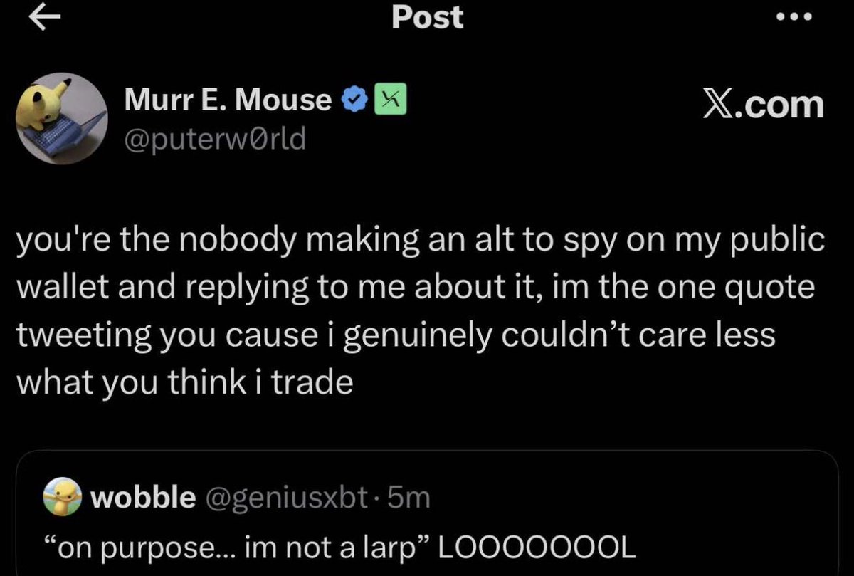 geniusxbt's tweet photo. @d_scimmy7465 @puterw0rld cause hes a larp that got bothered 
>> claims he couldnt care less
>> proceeds to crashout https://t.co/OZgmoRx8oV