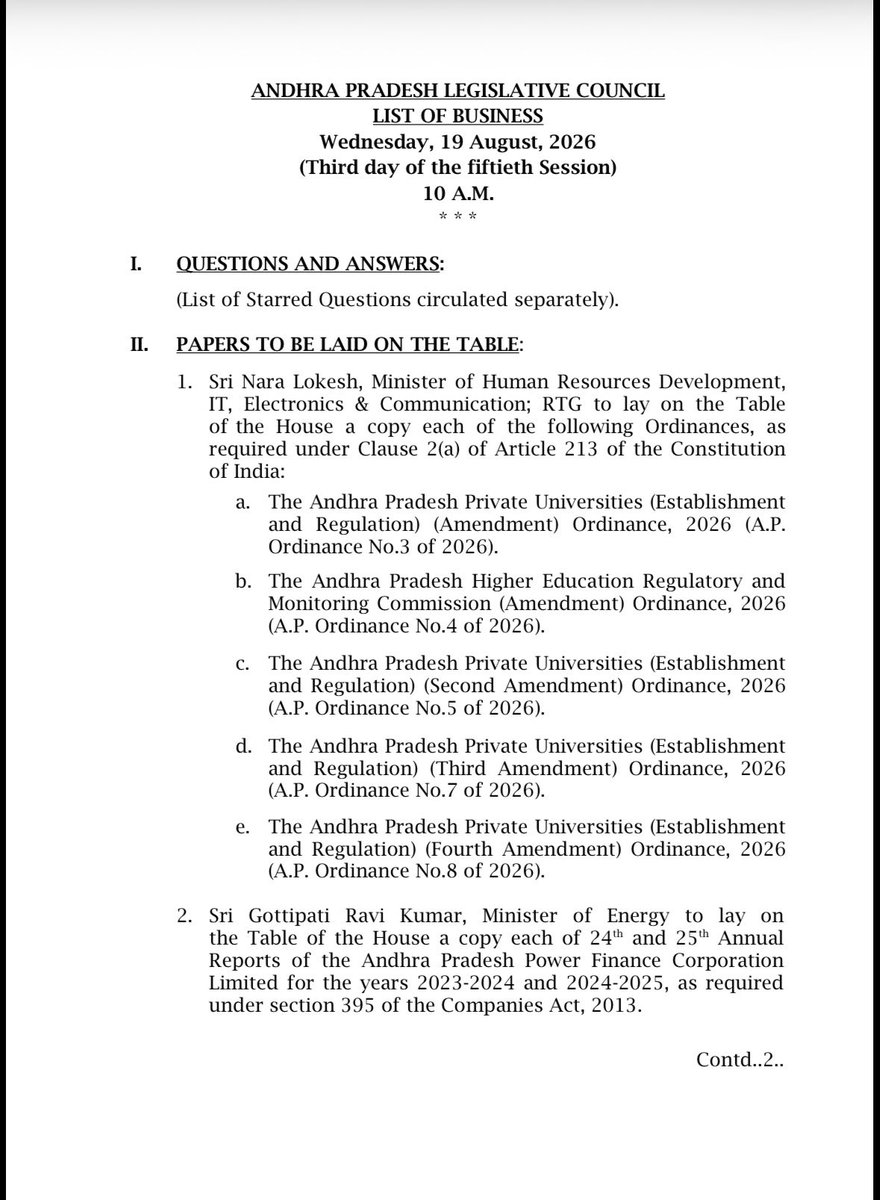 CouncilAndhra's tweet photo. Legislative Council - list of business for 19.08.2026 (Wednesday).

(1/2) https://t.co/oDTw746JM8