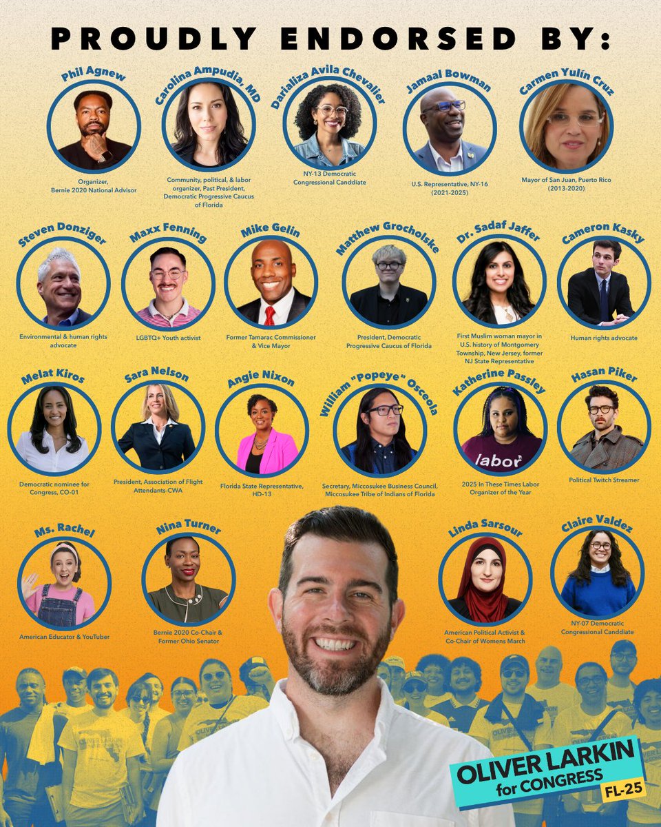 OliverALarkin's tweet photo. South Florida, today is Election Day. If you live in FL-25, make sure to get out to vote by 7:00 pm.  

Meet our amazing endorsers who have helped to build this fighting campaign. We are building a coalition of organizations fighting for a better world. https://t.co/HLorwHdVht
