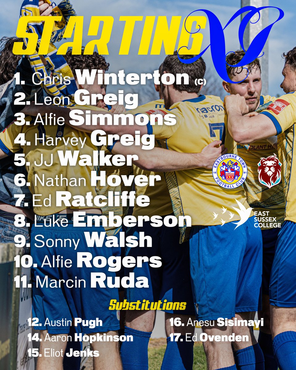 eastbournetfc's tweet photo. The Town lineup for this evening's Derby against @hastingsufc 

#UpTheTown🟡🔵 | @IsthmianLeague
#EastSussexDerby⚔️ | @WeAreESCG https://t.co/imlCwh7LAV