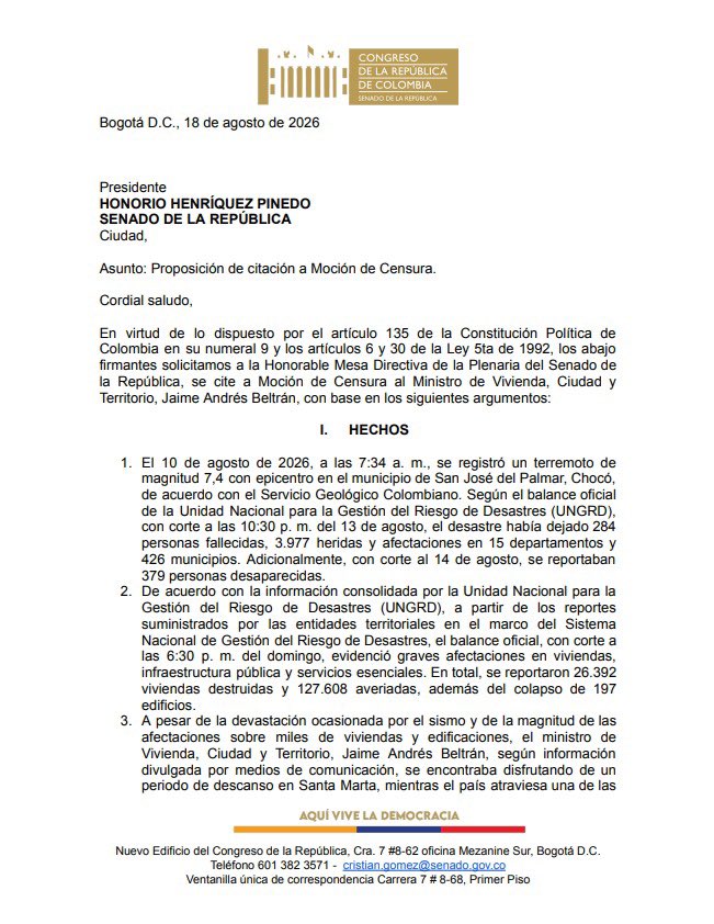 RenzoGarciaP's tweet photo. Como Representante a la Cámara del Tolima y como bancada del @PactoCol, respaldamos la moción de censura contra el ministro de Vivienda, @soyjaimeandres.

Exigimos funcionarios a la altura de la emergencia que vivimos, no que estén de vacaciones a 10 días de estar posesionados. https://t.co/zMn7iql3Kp