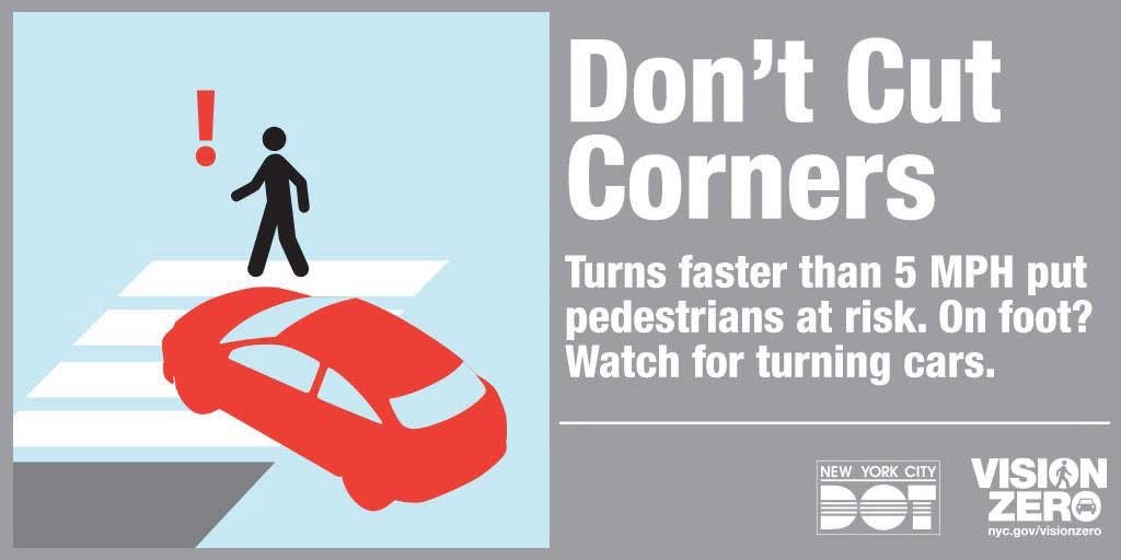 NYPD109Pct's tweet photo. Don’t cut corners! Turning faster than 5 MPH puts pedestrians at risk.
Drivers: take turns slowly and yield.
Pedestrians: keep an eye out for turning vehicles before stepping off the curb.
Stay safe out there! 🚶♂️🚘 #VisionZero #PedestrianSafety #StreetSafety https://t.co/CmA9DZC00d