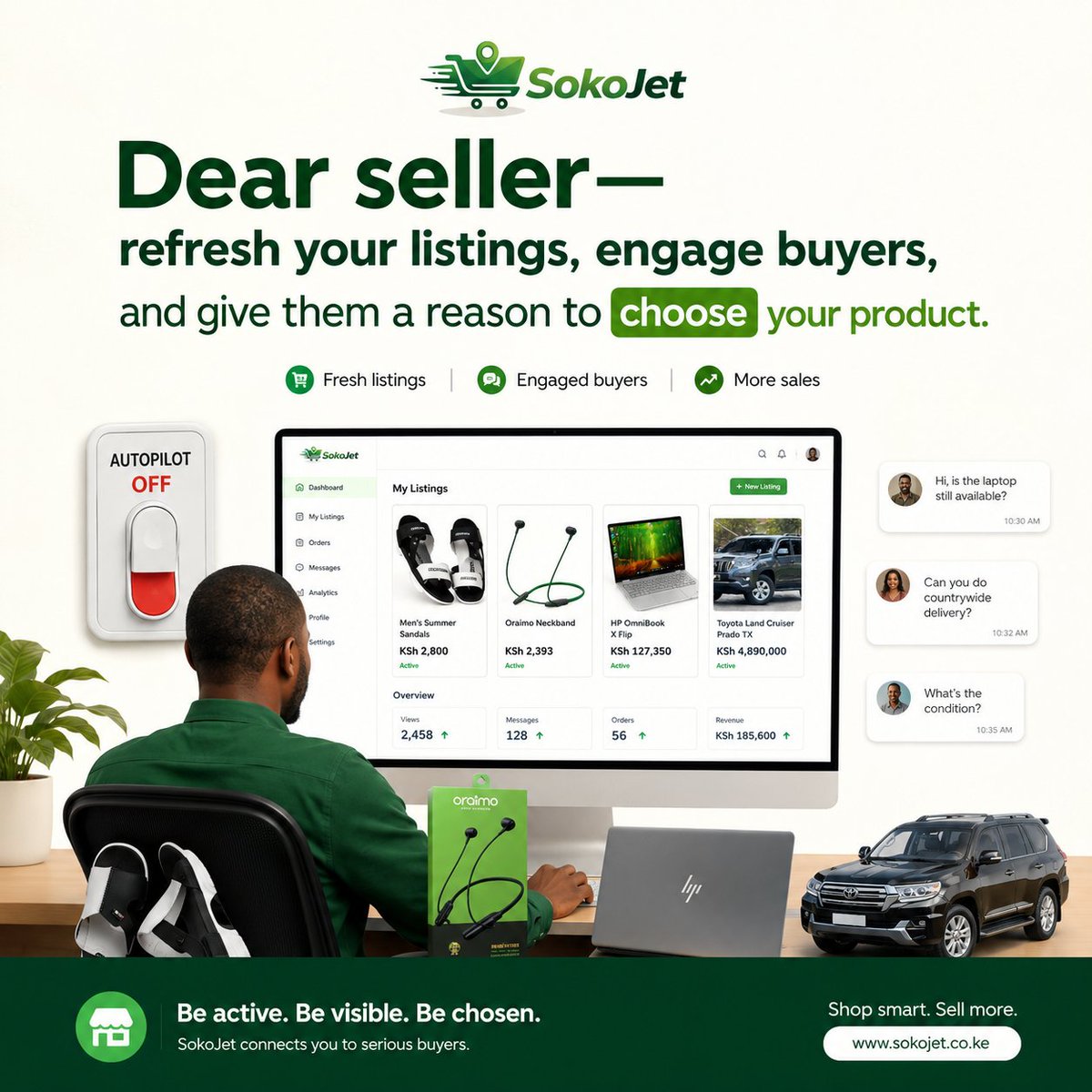 sokojet's tweet photo. Dear seller, don’t leave your shop on autopilot! 🚫 Refresh your listings, respond to buyers, stay active, and give customers a reason to choose YOU.

This is your sign to keep listing!!

👉 Keep your shop fresh. Keep buyers engaged. Keep selling.

#SokoJet #SellOnSokoJet https://t.co/nlqzZkf6Xl