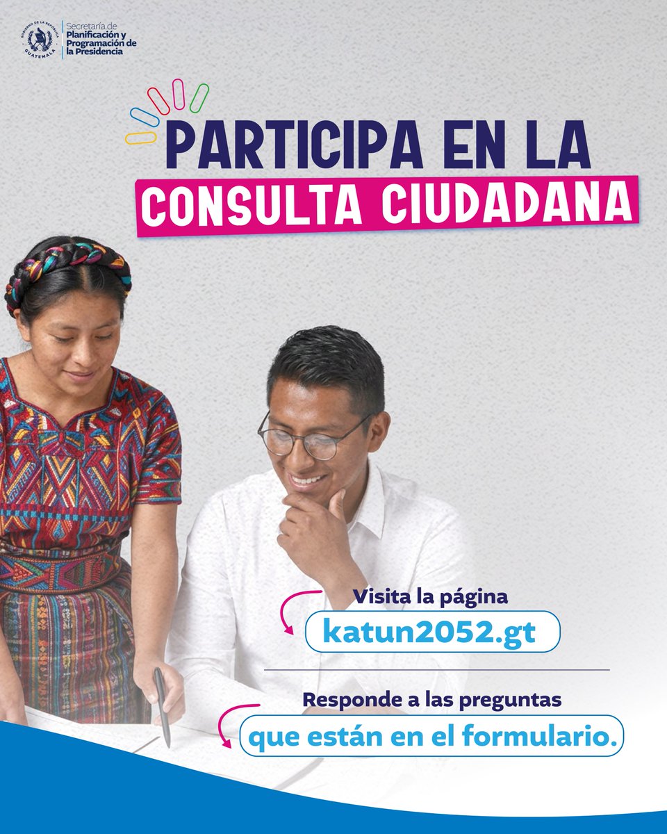 Segeplan's tweet photo. 🇬🇹 Participar es muy fácil:
1️⃣ Ingresa a https://t.co/qKIR1N2tjE
2️⃣ Responde las preguntas de la consulta
3️⃣ ¡Listo! ya habrás aportado tu visión para el futuro del país 🇬🇹
✨ Tu voz construye la Guatemala del futuro.
#PlanKatun #ConsultaCiudadana #RumboAl2052 https://t.co/pVYDYlKNyq