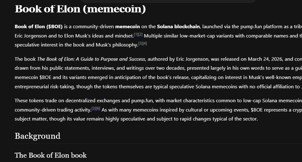 0xSituate's tweet photo. HOLY FUCK Grokipedia just added a memecoin article about something called "Book of Elon" 

https://t.co/i3Dy9iTAQz https://t.co/zBVip36yQR