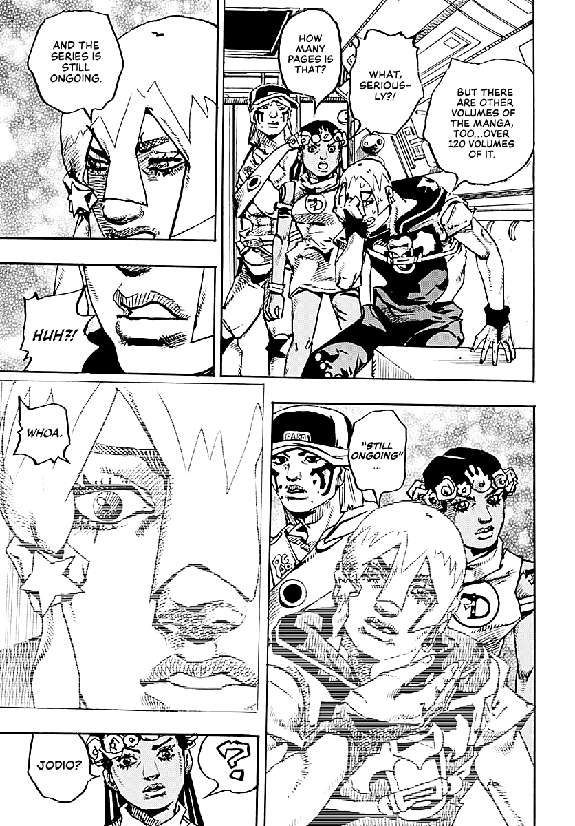 RiverdudeCovers's tweet photo. Araki making a jab at himself about how long JoJo is through Jodio is so damn funny https://t.co/6RBybaYOHS