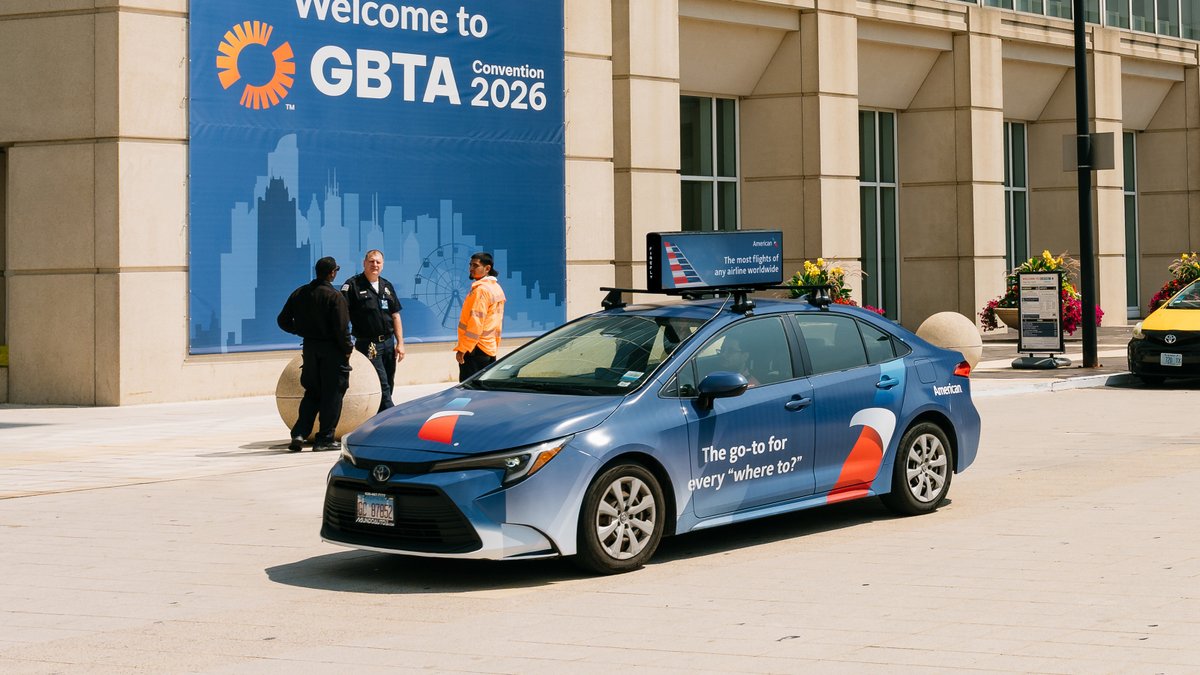 Firefly_Cities's tweet photo. @GlobalBTA  Convention 2026 didn't stay inside the convention floor, and neither did @AmericanAir.

Digital tops and wrapped cars carried "The go-to for every 'where to?'" campaign from McCormick Place to destinations across Chicago, following the same path attendees did. ✈️ https://t.co/Wwc6FIj8Jp