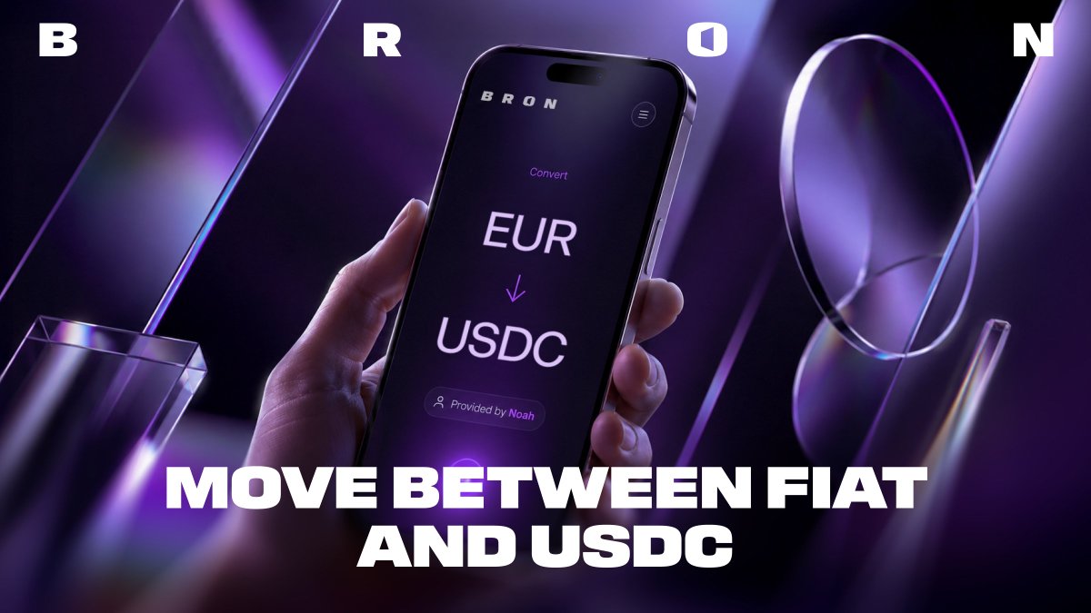 bronwallet's tweet photo. Moving between stablecoins and fiat should not be the hardest part of crypto.

Noah's on/off-ramp is now live in the Bron app.

Move between USD or EUR and USDC, or approve invoices that Noah sends directly to a recipient’s bank account.

The entire flow is available inside the Bron mobile app.

Noah runs the ramp and its own verification — Bron never touches your funds. Availability depends on location.