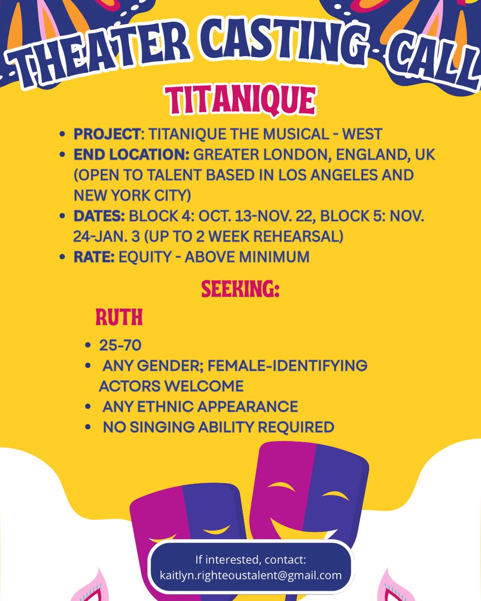 RighteousTalent's tweet photo. CASTING CALL for Titanique: The Musical. Role does NOT require singing ability. Profile submissions only. #casting #castingcall #acting #theater #musical https://t.co/rcUgnS3vtY