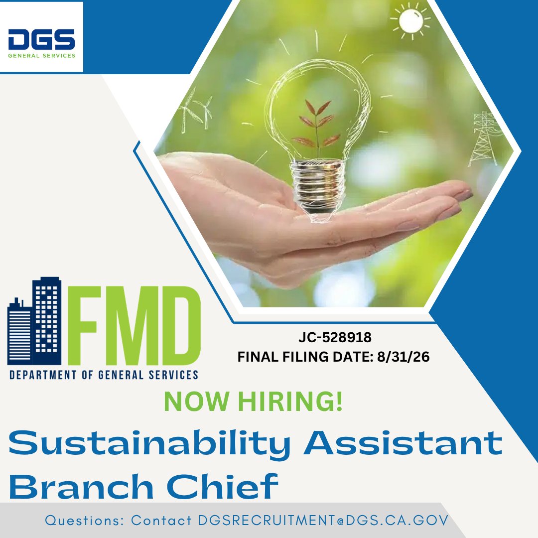 CalifDGS's tweet photo. Lead the charge toward a greener future—driving reliability, efficiency, and innovation at the Central Plant while championing sustainability initiatives that shape a more resilient California. https://t.co/dGDm7RsmU7 https://t.co/SZ8MTILK55