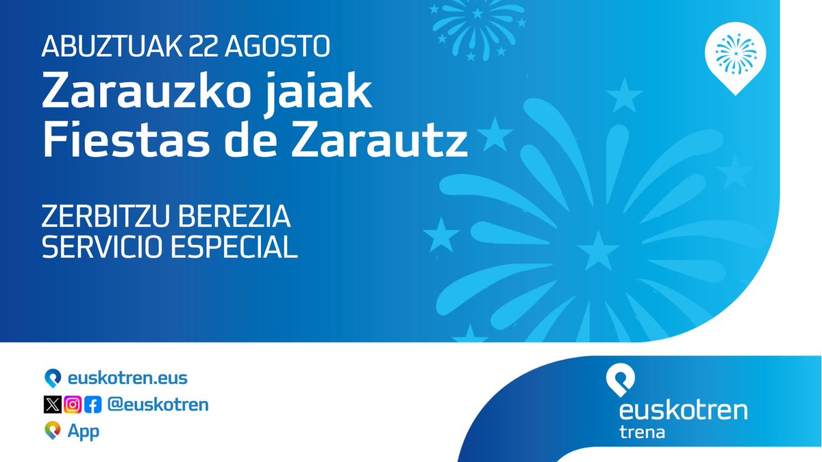 euskotren's tweet photo. 🚆🎉 Oharra (Trena): gaueko trenen zerbitzu berezia eskainiko dugu larunbatean, abuztuak 22, Zarauzko jaiak direla eta.

Ikusi xehetasun gehiago hemen:
➡️ https://t.co/0jXNbMZSxf

Eta kontsultatu ordutegiak hemen:
➡️ https://t.co/rD06a0W6tw

#EuskotrenTrena https://t.co/iAVSmnp8gy