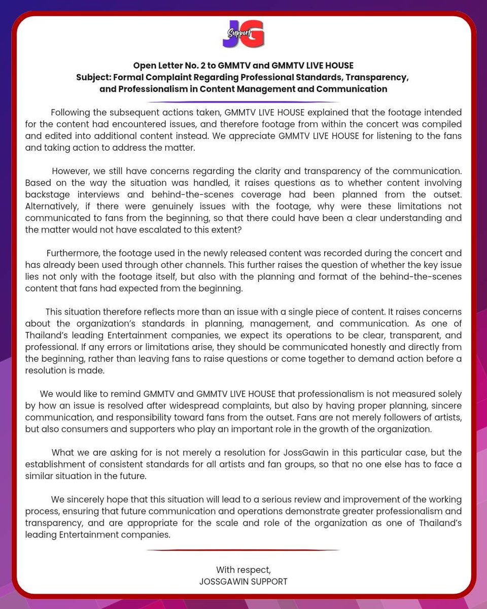 JOSSGAWINSP's tweet photo. 📢 OPEN LETTER NO. 2 TO
 @GMMTV @LiveHouse_Ad

JOSSGAWIN SUPPORT ขอร้องเรียนอย่างเป็นทางการต่อมาตรฐานการทำงานและการสื่อสารของ GMMTV และ GMMTV LIVE HOUSE  รายละเอียดตามจดหมายเปิดผนึกด้านล่างนี้

#GMMTV
#GMMTVLiveHouse
#Fair4JossGawin https://t.co/8V2J2rsuyj