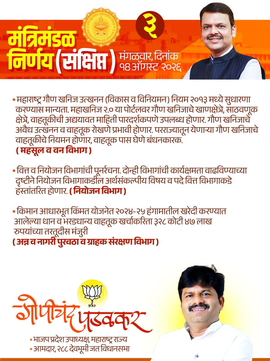 GopichandP_MLA's tweet photo. आजच्या मंत्रिमंडळ बैठकीत पंढरपूर विकास, जायकवाडी प्रकल्प, क्रीडा, सिंचन, शेतकरी व उद्योग-व्यवसाय क्षेत्रासाठी महत्त्वपूर्ण निर्णय घेण्यात आले.

विकसित महाराष्ट्राच्या संकल्पनेला बळ देणारे हे निर्णय!

#मंत्रिमंडळनिर्णय #महाराष्ट्र #DevendraFadnavis #GopichandPadalkar https://t.co/51RfKYcSkY