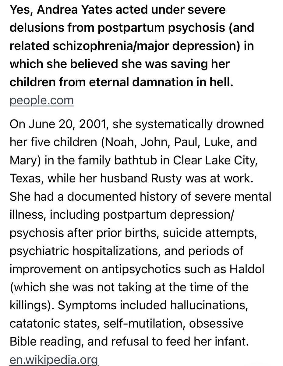 BroothHell5's tweet photo. Here’s an example from the Andes Yates case: 

It’s not that mothers become murdeous in the sense of a murder done in malice and forthought. 

Their severely delusional thinking leads them to believe they are “saving and protecting” their children by killing them. That’s usually the script running in their heads. In most cases such as these.

I don’t know enough about Lindsay’s specific delusions to commmet on hers. 

Hers probably weren’t religious but many are, even if the person is not religious at all. It’s common for paranoid delusions to spiral off into a metaphysical direction. As the person becomes increasingly unaware and unreachable.
