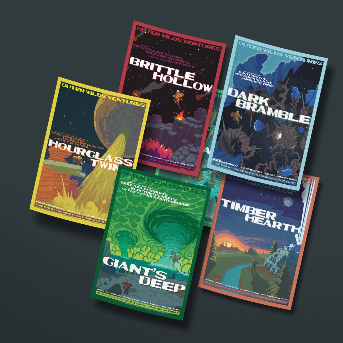 A_i's tweet photo. New Outer Wilds posters are now available from @Mobius_Games and @cookbeck. 

Six limited-edition screenprints depict locations across the Outer Wilds solar system as a series of vintage travel posters: Dark Bramble, Timber Hearth, Brittle Hollow, Giant's Deep, Hourglass Twins, and ... All six screenprints are available as a time-limited edition, with final edition sizes determined on August 25.

• Available now at an amazing deal price — get all six for $295 instead of $450, but only until August 25!

 • The first few hundred orders come with a Certificate of Authenticity hand-signed by artist Ian Jacobson, while supplies last. As indicated on the order form: "Artist-signed Certificate of Authenticity." Once those run out, subsequent orders will come with an autopen-signed CoA.