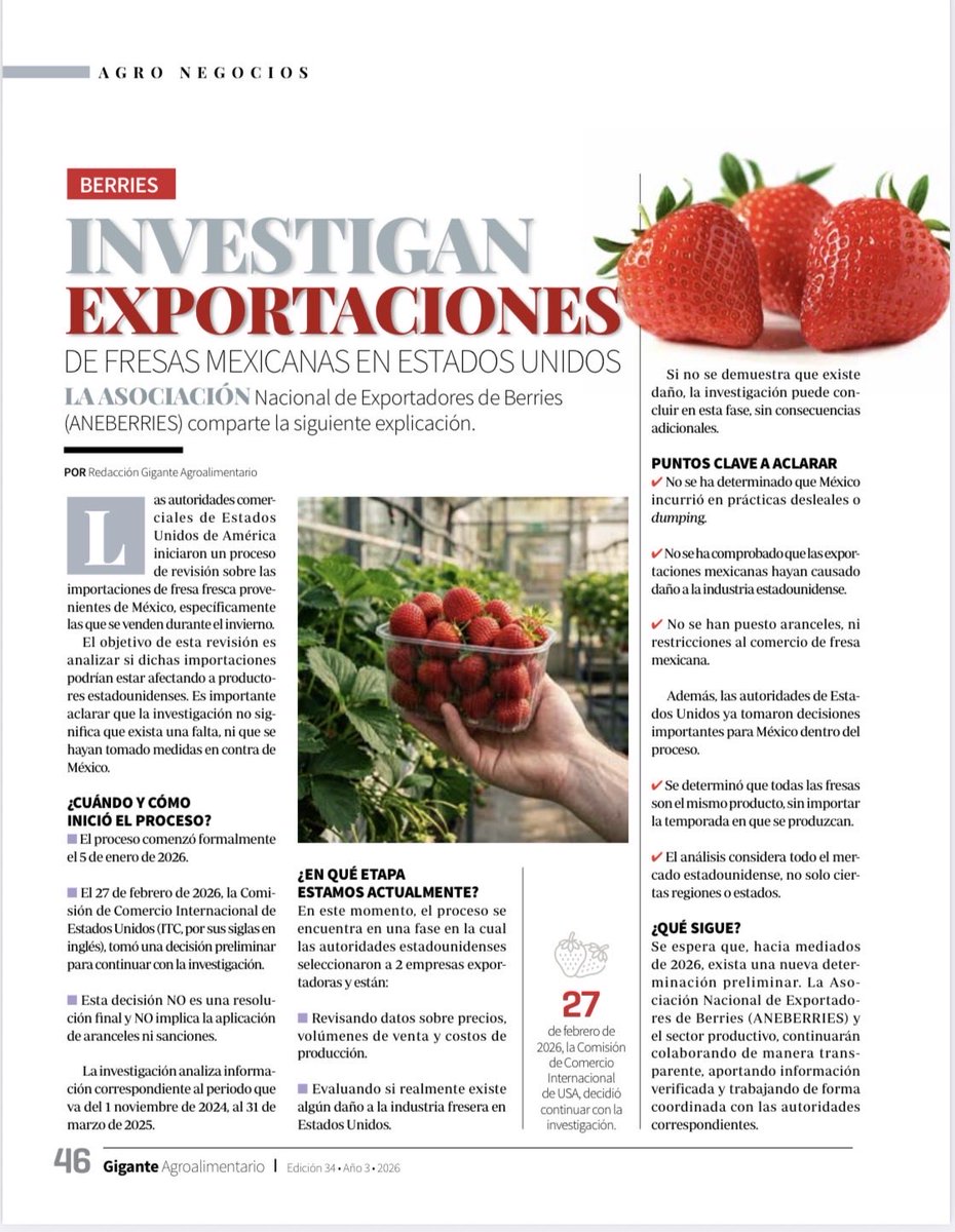 GiganteAgroa's tweet photo. Estados Unidos resolverá hoy la investigación formal por #dumping en la exportación de #fresa mexicana, impulsada por productores de Florida y la asociación Strawberry Growers for Fair Trade. https://t.co/z0qXrFQ6MJ