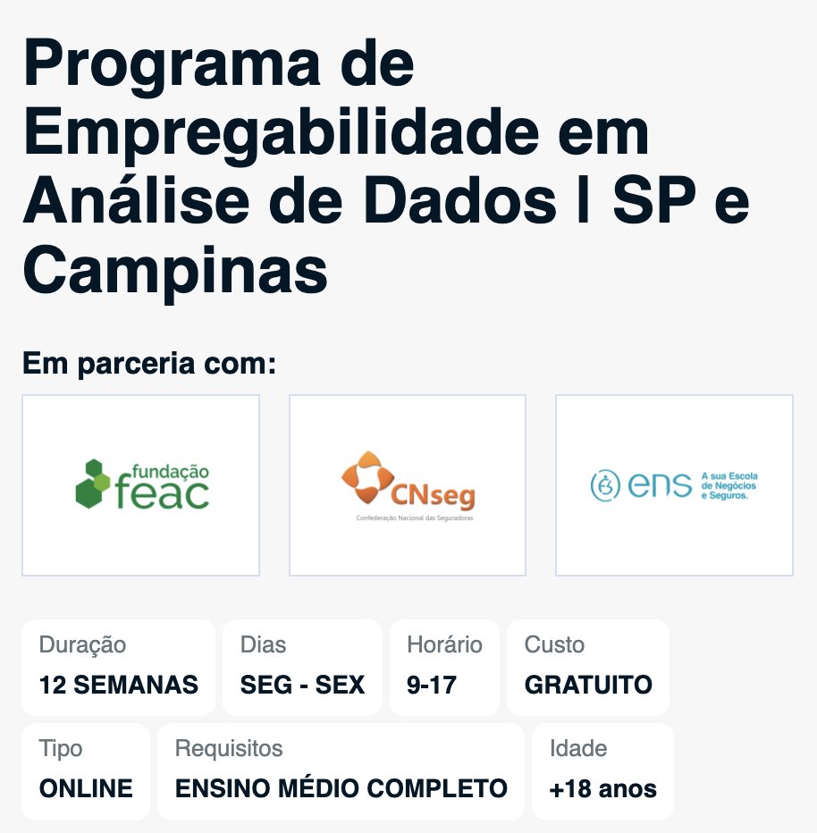 renatarsilvax's tweet photo. A Generation Brasil abriu inscrições pro programa de Formação em Análise de Dados, Remoto e GRATUITO 

O que você vai aprender:
 • SQL, Python e Power BI 
• Excel e IA aplicada a dados 
• Projetos práticos + mentoria de carreira (currículo e entrevistas)

Requisitos: 
✓ +18 anos e Ensino Médio completo 
✓ Estar desempregado(a) 
✓ Morar em SP (capital/região até 80km) ou Campinas ✓ Disponibilidade de seg a sex (9h às 17h)

💻 100% online, ao vivo e gratuito
📅 Duração: 3 meses (início em outubro) 
⏰ Inscrições até 14/09

Link 👇