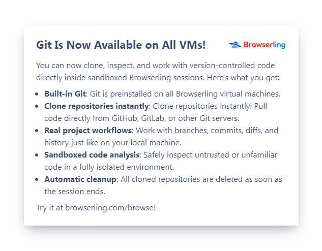 browserling's tweet photo. We just added `git` to all VMs. You can now clone GitHub and other git repositories directly inside our sandboxed VMs. Try it now at https://t.co/6gcZeMdq5d! https://t.co/zaNMG3ftKL