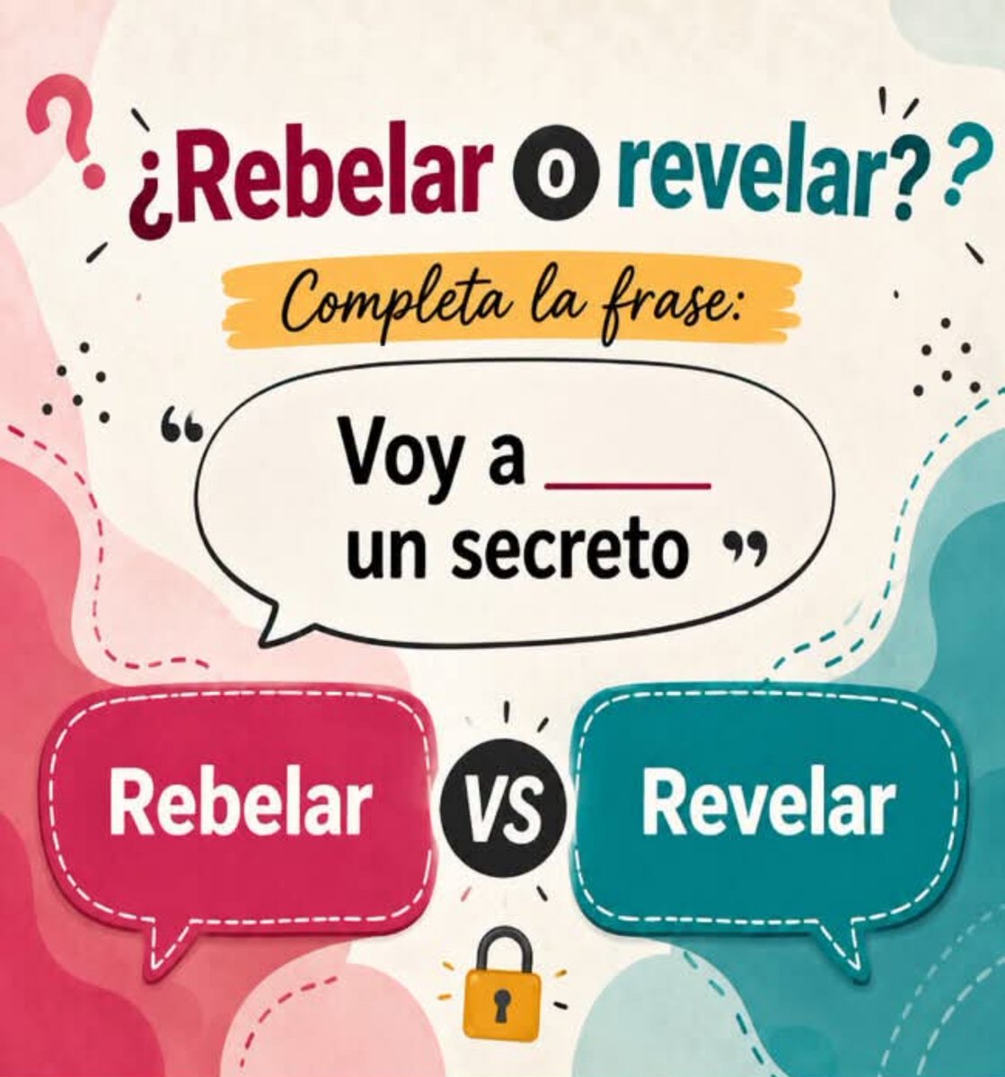 tatianaale33284's tweet photo. 👉 "Voy a ______ un secreto"

​¿Es Rebelar o Revelar? 👇

​📌 ¿Conoces la diferencia?

​#Ortografia #Español #AprendeEspañol https://t.co/KyzIAKqfHG