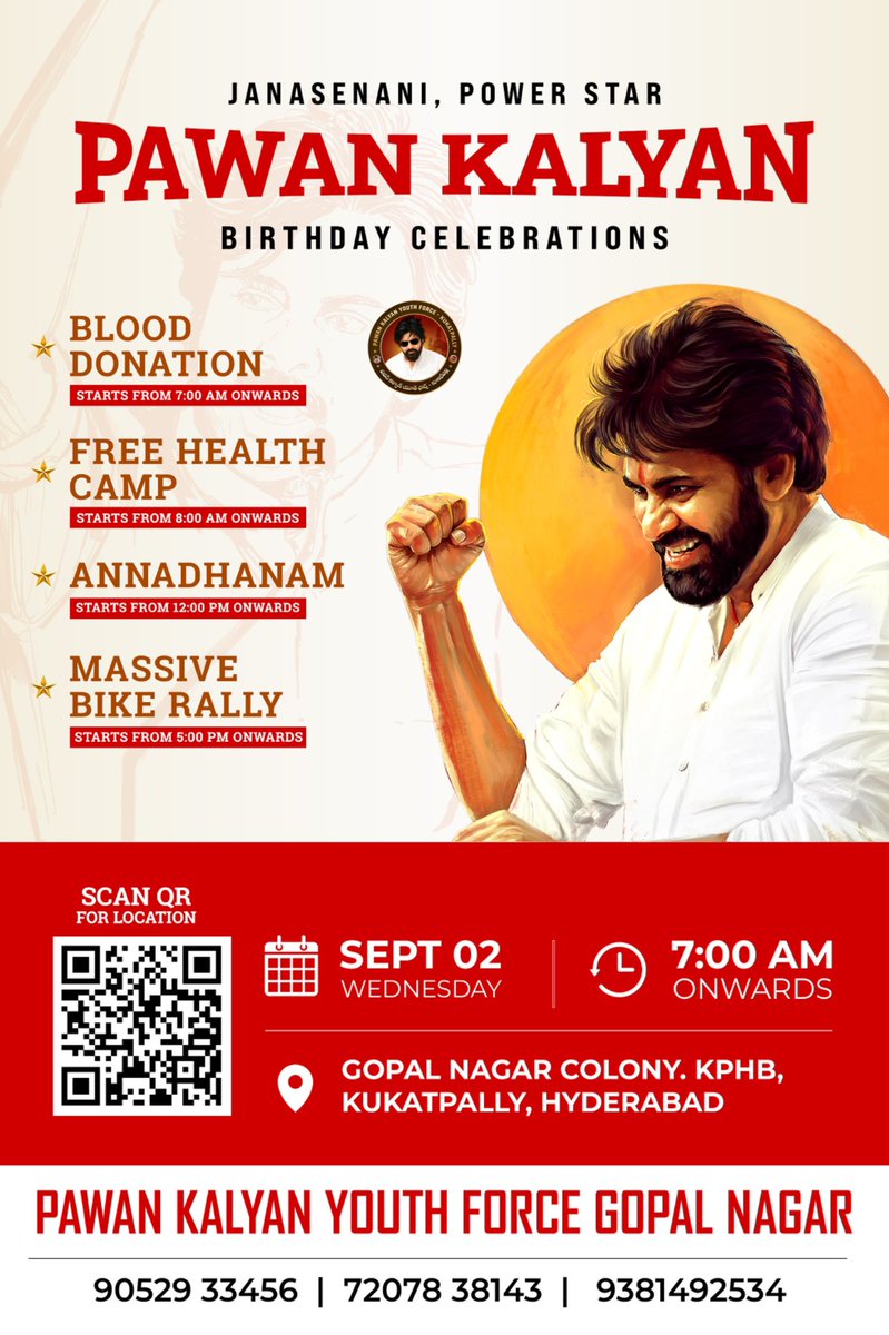 PkyfGopalnagar's tweet photo. We invite all Pawan Kalyan garu fans and supporters to come forward and participate in the Blood Donation Camp and become a reason for someone’s life to continue. 🩸❤️
📍GOPAL NAGAR, Kukatpally
#gopalnagar #pawankalyan https://t.co/M35Q5ho1HX