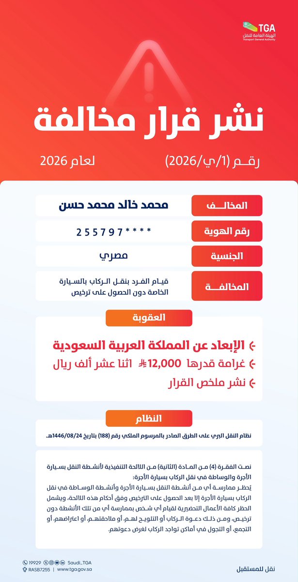 Saudi_TGA's tweet photo. #الهيئة_العامة_للنقل_TGA : نشر ملخص القرار رقم (1/ي/2026) الصادر بحق مخالف مصري الجنسية؛ لقيامه بنقل الركاب بالسيارة الخاصة دون الحصول على ترخيص، والمتضمن غرامة مالية قدرها (12,000) ريال، والإبعاد عن المملكة العربية السعودية. https://t.co/uF6IDMReuN