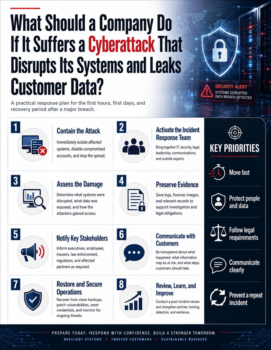 HAGOCommunity's tweet photo. What Should a Company Do If It Suffers a Cyberattack That Disrupts Its Systems and Leaks Customer Data?

Cyberattacks have become one of the most serious risks facing American companies today. Most businesses depend heavily on technology to store customer information, process payments, manage sales, communicate with employees, and operate their daily activities. Therefore, if a U.S. company suffers a cyberattack that shuts down its systems and exposes customer data, the situation becomes much more than a technical problem. It can quickly turn into a financial, legal, operational, and reputational crisis. The company must respond quickly and carefully to reduce the damage and restore normal operations.

The company’s first priority should be to stop the attack and prevent further damage. The cybersecurity team should isolate affected computers, servers, and networks, disable compromised accounts, and secure important systems. At the same time, the company should preserve digital records and evidence that may help investigators understand how the attack happened. The main goal at this stage is to contain the incident before the attackers gain access to more systems or information.

After containing the attack, the company should create an emergency crisis-management team. This team should include senior management, cybersecurity specialists, legal advisers, public relations staff, customer service representatives, finance managers, and human resources professionals. The team should determine the full extent of the attack. For example, it should investigate how the hackers entered the system, what information was stolen, which customers were affected, and which business operations were interrupted.

Protecting customers should also be a major priority. If personal information such as names, addresses, passwords, payment details, or other sensitive data has been exposed, the company should determine which customers are affected and notify them according to the laws and regulations that apply. Because data-breach notification requirements in the United States may differ depending on the state, industry, and type of information involved, the company should work closely with its legal team.

The company should also be honest and transparent with customers. Trying to hide the incident can cause even more damage if customers later discover that management knew about the breach but failed to communicate it. The company should explain what happened, what information may have been affected, what actions are being taken, and what customers can do to protect themselves. Depending on the type of information stolen, the company may recommend changing passwords, monitoring financial accounts, or using identity-protection services.

Another important step is to restore business operations safely. The company should not simply turn all systems back on as quickly as possible because the attackers may still have access. Instead, systems should be restored gradually after cybersecurity experts confirm that they are safe. Critical functions such as customer service, payment systems, sales, and supply-chain operations should normally receive priority. The company should also make sure that backup data is secure before using it to restore its systems.

The company must also consider its legal and regulatory responsibilities. Depending on the nature of the business and the information involved, the incident may need to be reported to law-enforcement agencies or government regulators. Publicly traded American companies may also have disclosure responsibilities if a cybersecurity incident is considered financially significant to investors. Therefore, legal advisers should be closely involved throughout the response process.

From a financial perspective, management should calculate the total cost of the cyberattack. The company may face lost sales, business interruption, cybersecurity investigation expenses, legal fees, system-recovery costs, customer compensation, lawsuits, and damage to its reputation. Management should also review its insurance policies to determine whether cybersecurity insurance can cover some of these losses.

However, the company’s responsibility does not end when its systems return to normal. It should conduct a complete investigation into the root cause of the attack. For example, the attack may have resulted from a weak password, an employee responding to a phishing email, outdated software, poor access controls, or a security problem involving a third-party supplier. The company should identify the real cause and correct it so that the same problem does not happen again.

To prevent future cyberattacks, the company should strengthen its cybersecurity systems. It can introduce multi-factor authentication, stronger passwords, regular software updates, secure backups, limited employee access to sensitive information, continuous network monitoring, and cybersecurity training for employees. Employees should be trained to recognize phishing emails and suspicious links because human error is often an important cybersecurity risk. The company should also regularly test its emergency response plan.

In addition, the company should reconsider how much customer information it stores. Keeping unnecessary personal information increases the possible damage if another breach occurs. The company should keep only the information it genuinely needs and securely delete data that is no longer required.

In conclusion, the best response to a major cyberattack is to treat it as a company-wide crisis rather than only an IT problem. The company should immediately contain the attack, protect customers, investigate the incident, communicate clearly, meet its legal obligations, and restore its operations safely. After the crisis is controlled, management should strengthen cybersecurity and improve its emergency plans. By responding quickly and responsibly, an American company can reduce financial and legal damage, rebuild customer trust, and become better prepared for future cyber threats.
https://t.co/edYh9SDWnh