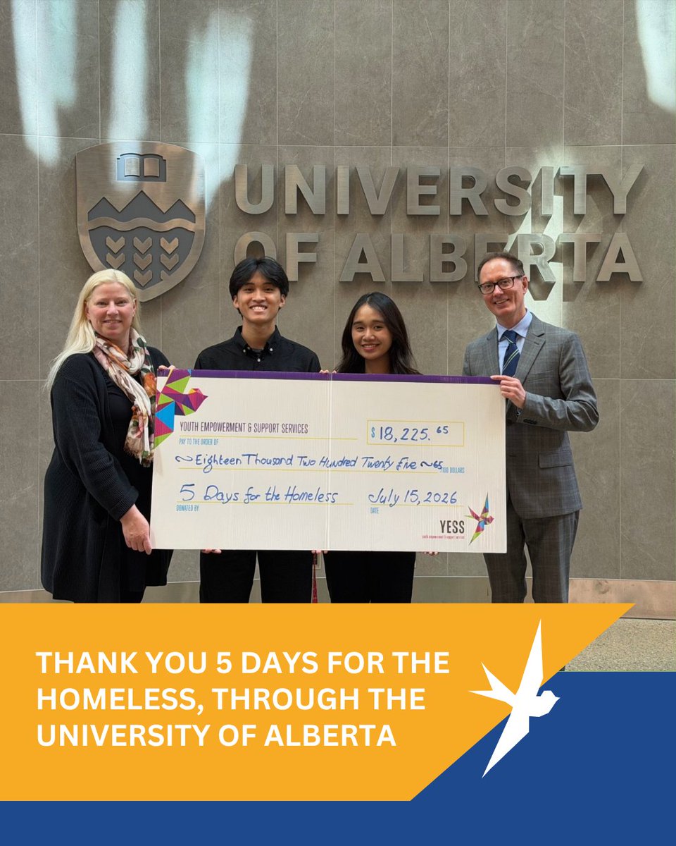 YESSorg's tweet photo. A huge thank you to 5 Days for the Homeless for their continued support of YESS! 

This year, University of Alberta students raised an incredible $18,225.65 for YESS—surpassing last year’s donation!

Thank you for continuing to show up for youth! https://t.co/xn9D2AbF50