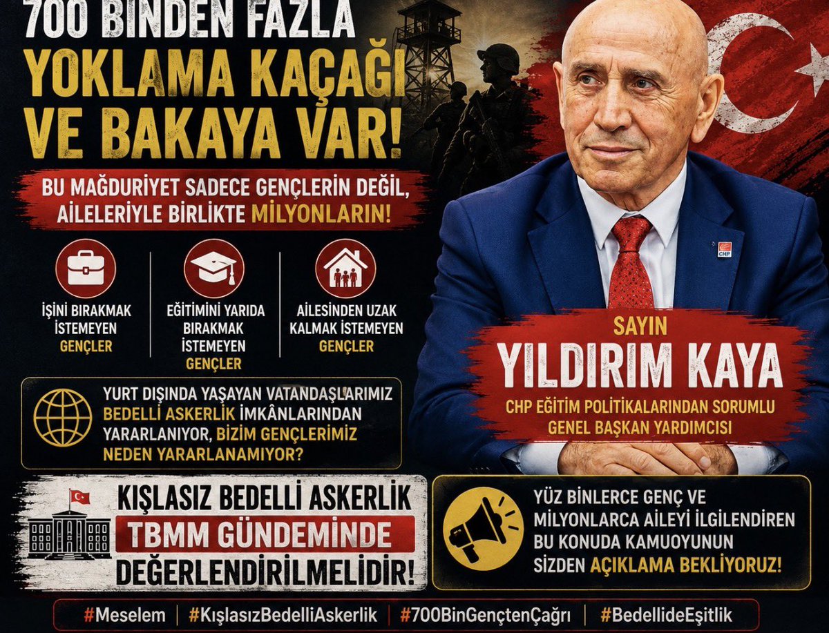 kislasizb4delli's tweet photo. 🇹🇷 MİLYONLARDAN YILDIRIM KAYA’YA ÇAĞRI!

Sayın @yildirimkaya40,

Her yıl yaklaşık 700 bin genç asker yoklama kaçağı ve bakaya durumuna düşüyor. İşini, gelirini, ailesinin geçimini ve bakıma muhtaç yakınlarını korumak isteyen gençler, kışlasız bedelli askerlik talebinin karşılanmasını istiyor.

Siz de takdir edersiniz ki kışlasız model, hâlihazırda yurt dışında yaşayan vatandaşlarımız için uygulanıyor; 2011 ve 2014 yıllarında ülkemizde de uygulandı.

Gençler ve aileleriyle birlikte milyonlarca vatandaşımız bu konuda çözüm bekliyor.

Yeni yasama yılında bu düzenlemenin Meclis gündemine taşınacağına ve yıllardır farklı toplumsal sorunların çözümü için mücadele eden Sayın Kemal Kılıçdaroğlu’nun öncülüğünde bu mağduriyetin de giderilmesi için gereken adımların atılacağına inanıyoruz.

@kilicdarogluk
@herkesicinCHP

#kışlasızbedelliaskerlik