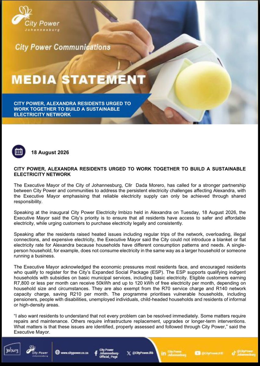 CityPowerJhb's tweet photo. #AlexandraUpdates #CityPowerUpdates
City Power, Alexandra residents urged to work together to build a sustainable electricity network. ^TM https://t.co/T2mwd18cVD