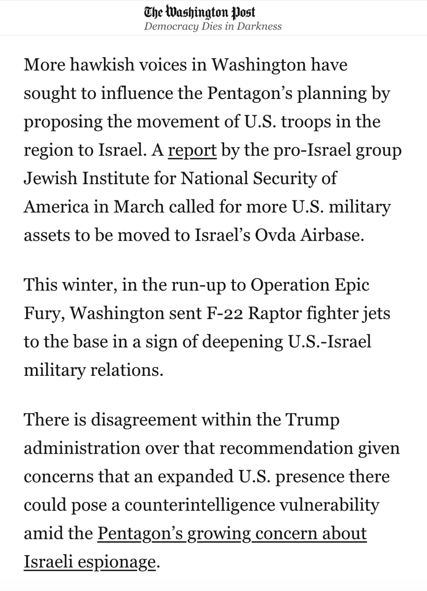 AdHaque110's tweet photo. "More hawkish voices in Washington [are] proposing the movement of U.S. troops in the region to Israel."

"an expanded U.S. presence there could pose a counterintelligence vulnerability amid the Pentagon’s growing concern about Israeli espionage." https://t.co/GDVP08lDNs
