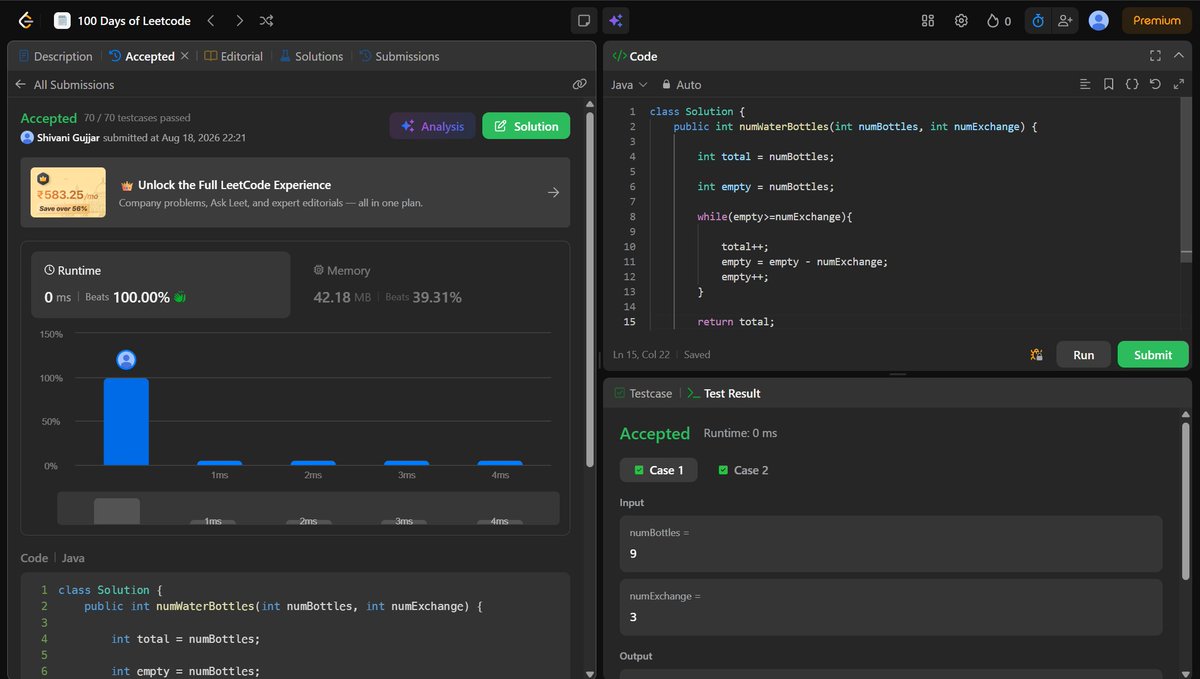 Inavish_Buttar's tweet photo. Day 5/100 - 100 Days of LeetCode 🚀

Water Bottles (LeetCode #1518)

Solved and submitted ✅

Thanks to DSA with EdSlash for the roadmap.

#100DaysOfLeetCode #DSAwithedSlash #LeetCode #CodingChallenge https://t.co/EN7JEGlctm