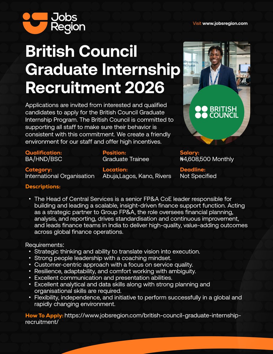 jobsregion's tweet photo. British Council Graduate Internship Recruitment 2026

Salary: ₦4,608,500 Per Month

Qualifications: BA/BSC/HND

Location: Abuja,Lagos, Kano, Rivers | Nigeria

Deadline: Not Specified

Click the link below to apply⤵️
https://t.co/Ep4b7PCwu6

Kindly retweet and share to your friends who might be interested