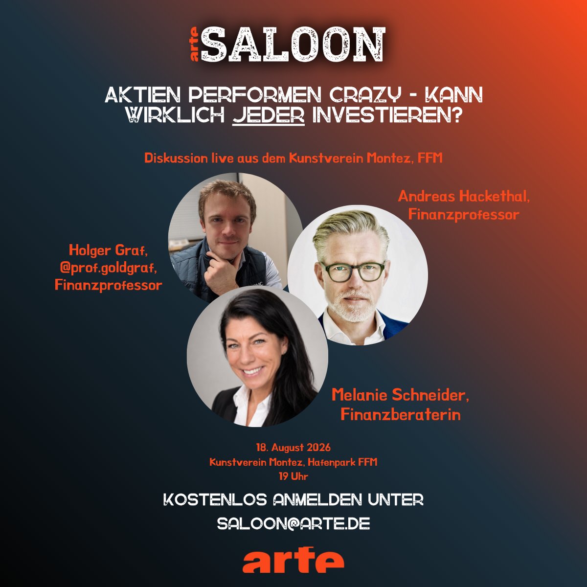 GoetheClub's tweet photo. Wir sind zu Gast bei @ARTEde in ihrer Sendung Saloon.

Zu Gast sind:
–  Andreas Hackethal (Professor der @goetheuni).
–  Melanie Schneider (Finanzberaterin).
–  Prof. Dr. Holger Graf (Finfluencer).

Livestream:
https://t.co/1w00izB9DR https://t.co/cZZGWNNHDa