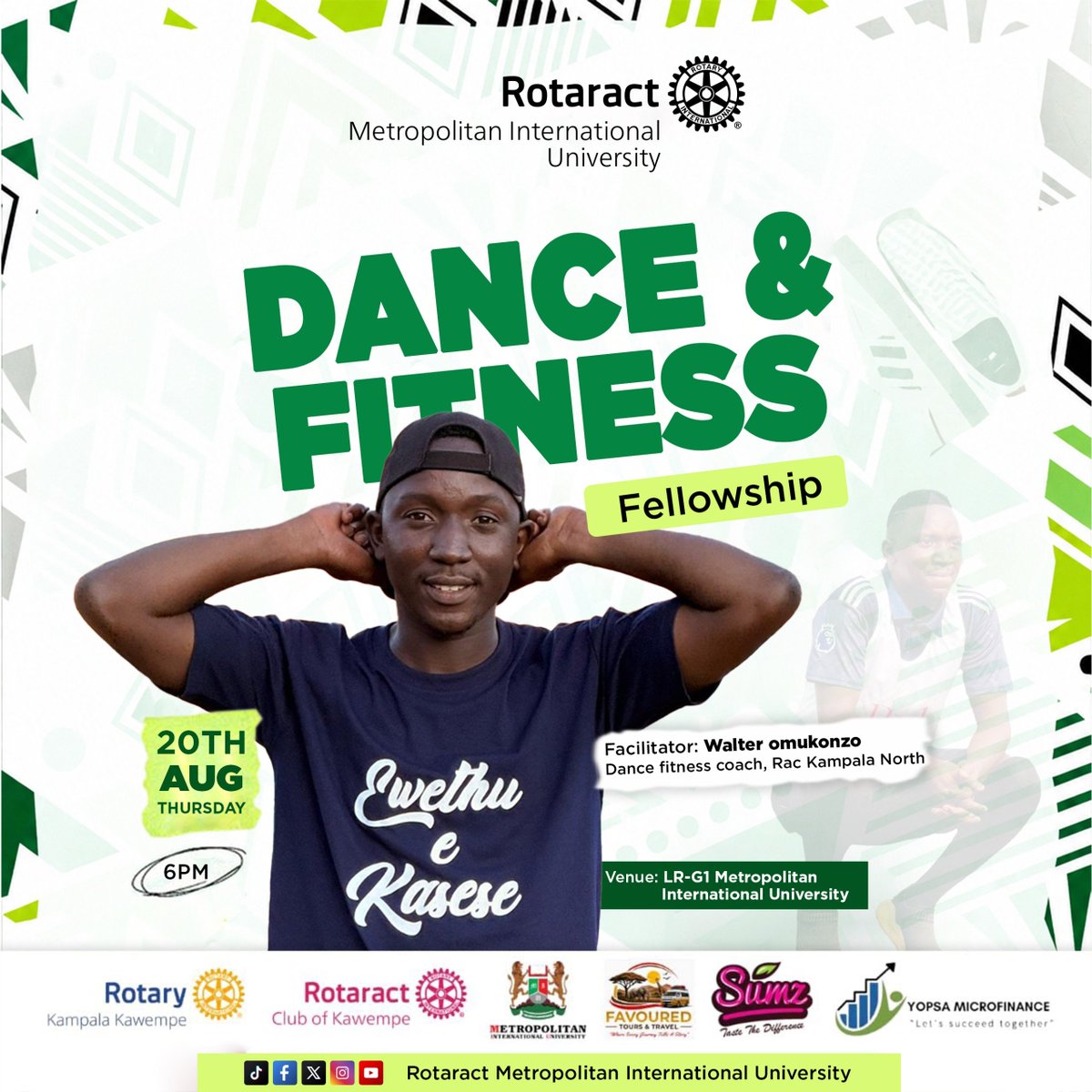 rctmetropolitan's tweet photo. Don't miss this๐ฅณ, Join us for our Dance & Fitness Fellowship
with Walter Omukonzo - Dance Fitness Coach, RAC Kampala North
๐
Thursday 20th August
โฐ 6:00 PM
๐ Lecture Room G.1, MIU
Come with energy, bring a friend
#CreatingLastingImpact
#RotaractLegacy https://t.co/dNj8OEvy3Q
