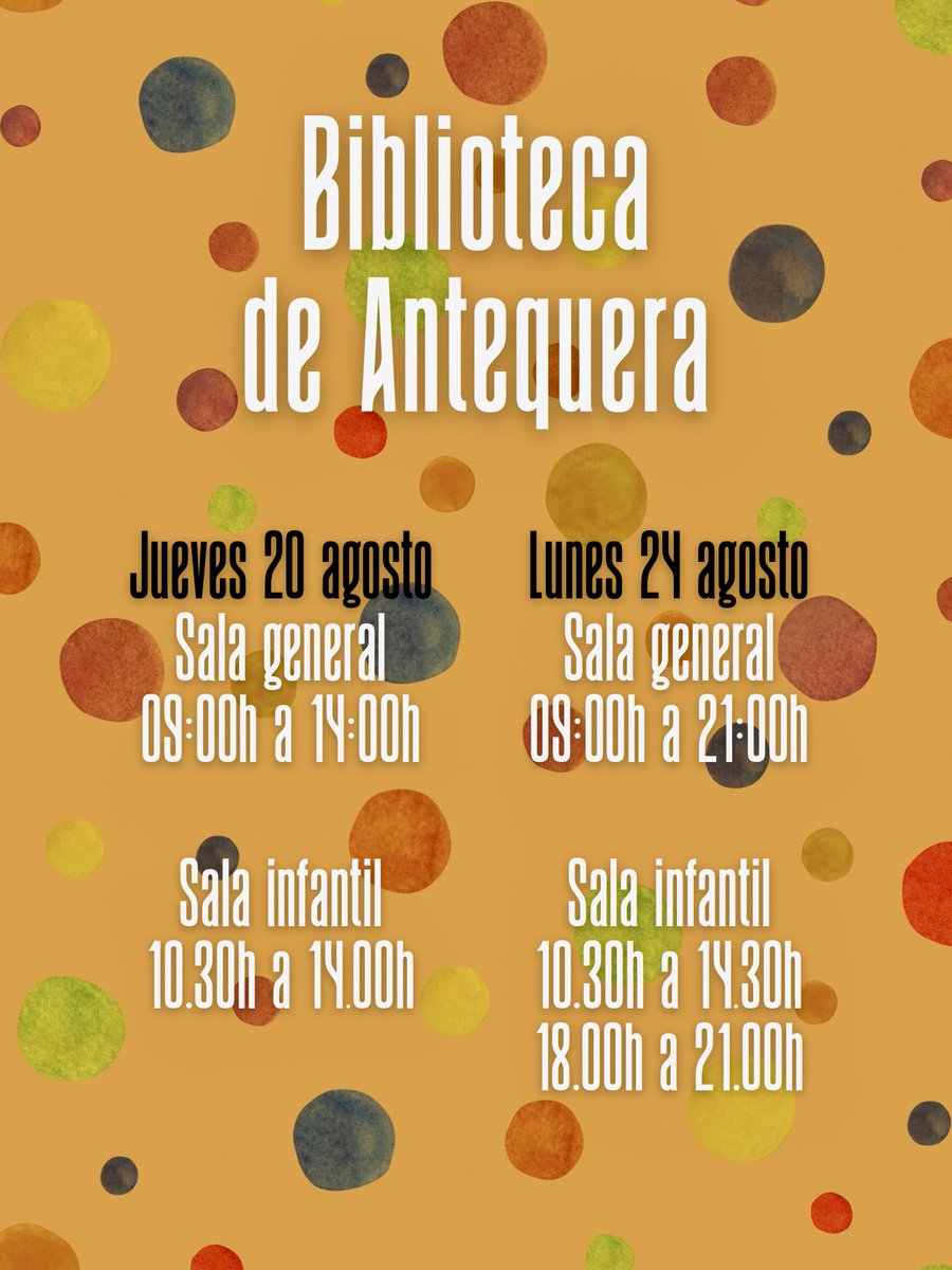 BibliotecaATQ's tweet photo. 👀⌚️🪭  ¡No te despistes!

Horario especial de la Biblioteca de #Antequera para la Real Feria de Agosto 2026

En Feria, disfruta con #libros https://t.co/sEEb7uQO0S