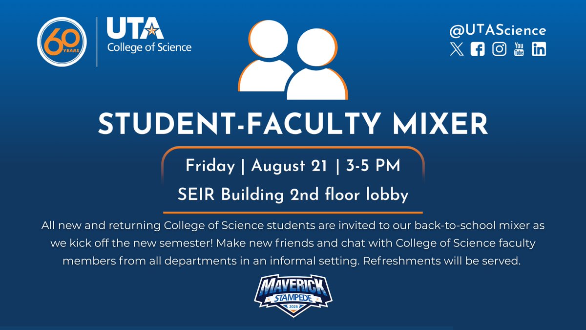 UTAScience's tweet photo. Welcome back to campus and for first-time students, welcome to UTA! We hope everyone will join us for our first Fall 2026 event, our Student-Faculty Mixer 3-5 pm Friday, Aug. 21 in SEIR 2nd floor lobby. See you there! https://t.co/e2w0dYhYGy