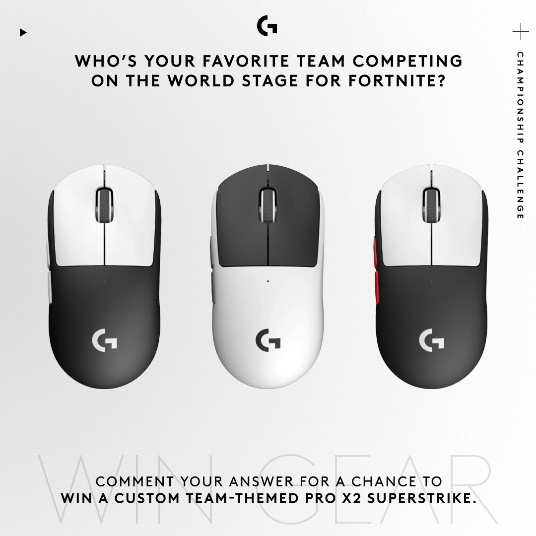LogitechGesport's tweet photo. Choose your EWC Fortnite champ. Take home a PRO X2 SUPERSTRIKE. 🏆

Hit us with your winning predictions in the comments for a chance to win a team-themed mouse. 🖱️

Click the link below to validate your entry: 
https://t.co/5eumZii9d9

s/o: @FURIA
@BIGCLANgg
@FUTesportsgg https://t.co/ZxppQBuvoT