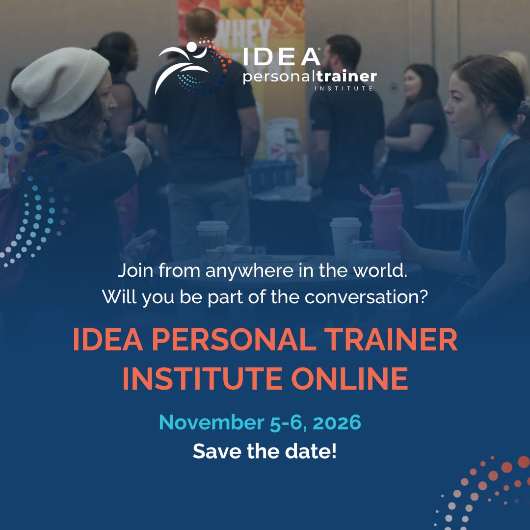 ideafit's tweet photo. Stay ahead of what's next in fitness at the IDEA® Personal Trainer Institute Online, happening November 5-6, 2026.

📅 November 5-6, 2026

Save your spot: https://t.co/wzagePLuTz

#IDEAPTI #IDEAfit https://t.co/37u7mEGgY3