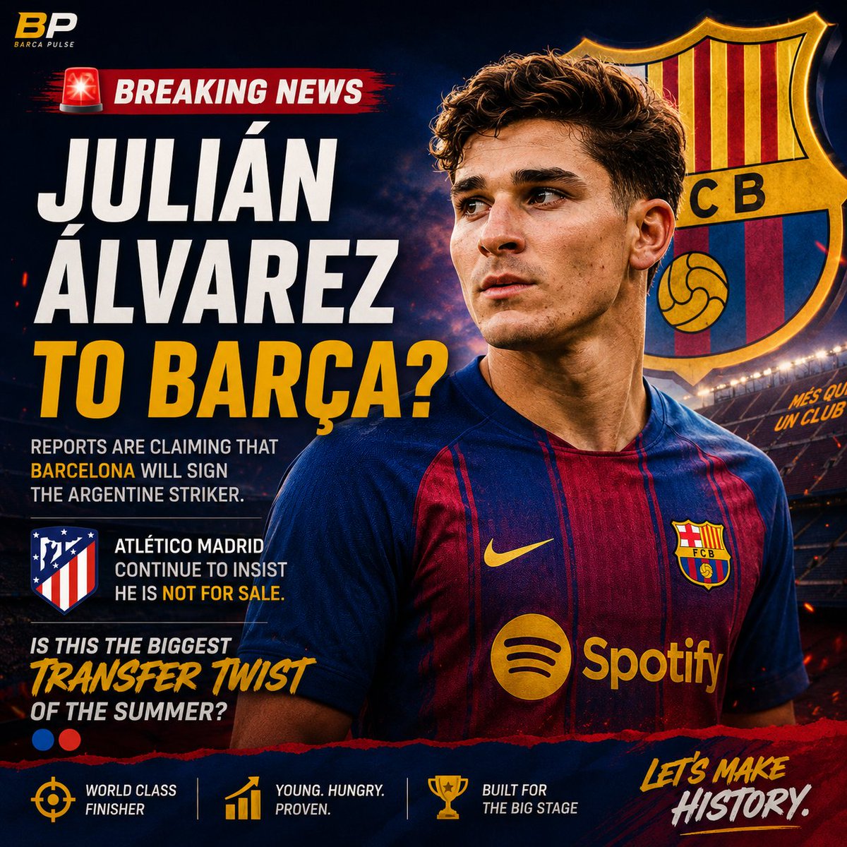 Barca2876's tweet photo. @TouchlineX @jotajordi13 🚨 JULIÁN ÁLVAREZ TO BARÇA?
Reports are claiming that Barcelona will sign the Argentine striker.
Atlético Madrid continue to insist he is not for sale.
Is this the biggest transfer twist of the summer? 👀🔵🔴 https://t.co/CwPAYMdqmO