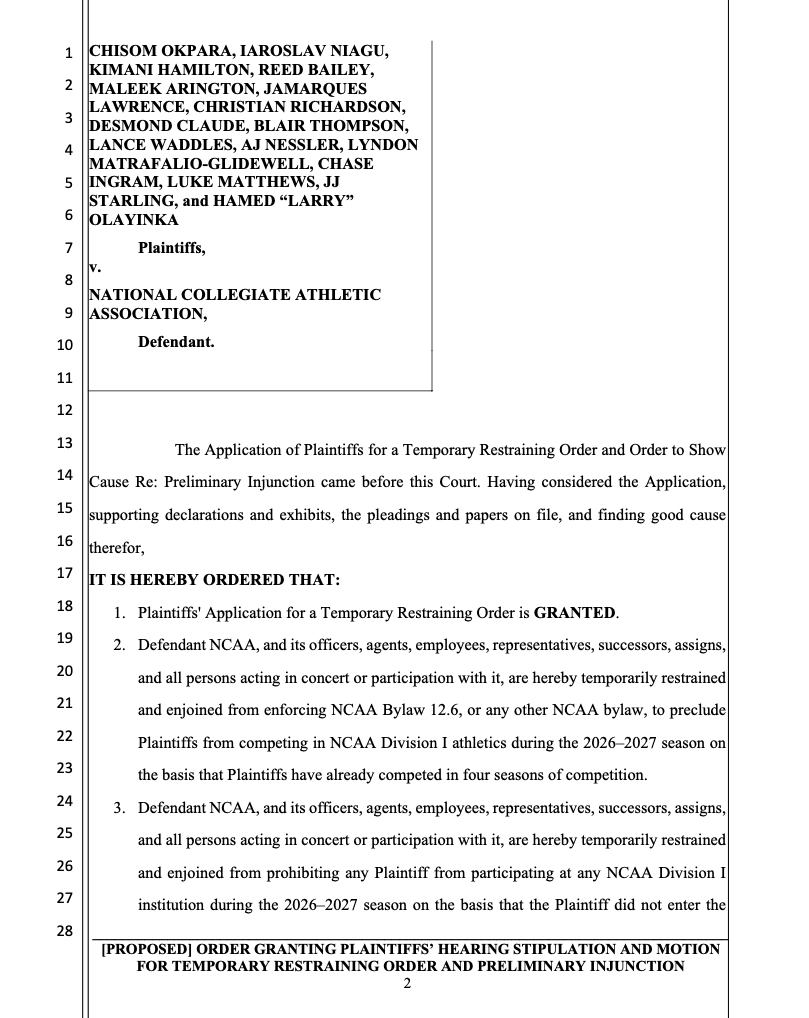 austinmasseySBI's tweet photo. BREAKING: A California judge has granted sweeping TRO relief to more than 70 college athletes against the NCAA.

The order protects 2026-27 participation over fifth-year eligibility, transfer-portal and certain pro-contract issues, and blocks restitution/ghost-transfer penalties.

A preliminary injunction hearing is set for Aug. 25 at 1:30 p.m.