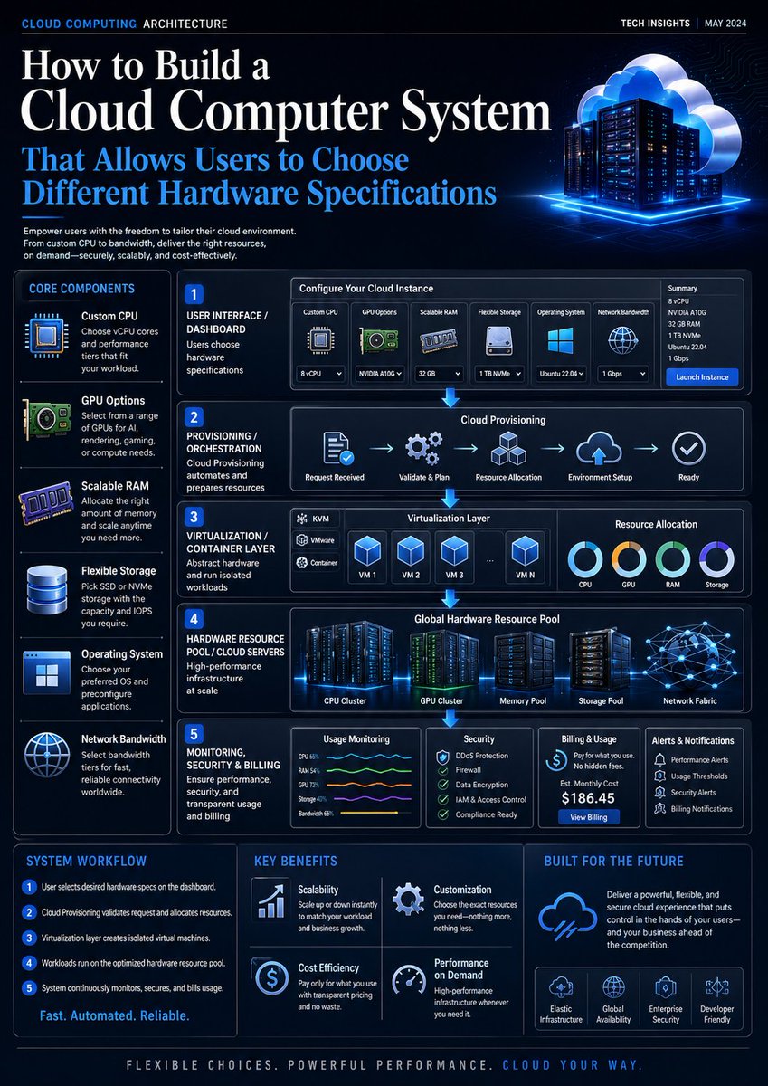 HAGOCommunity's tweet photo. How to Build a Cloud Computer System That Allows Users to Choose Different Hardware Specifications

Cloud computing has become one of the most important technologies in recent years. One of its most useful applications is the concept of a Cloud PC, where users can access a virtual computer running on a remote server through the internet.

A complete cloud computer platform can allow users to choose the specifications they need, such as CPU cores, RAM, storage capacity, GPU type, and operating system. After selecting the desired configuration and completing payment, the platform automatically creates the virtual computer and provides the user with access to it.

What Is a Cloud Computer?

A cloud computer is a virtual machine that runs on a powerful physical server located in a data center. Instead of purchasing an expensive physical computer, users can rent the computing resources they need for a specific period of time.

For example, a user may choose:

2 CPU cores and 4 GB of RAM for basic tasks.
4 or 8 CPU cores with 16 or 32 GB of RAM for professional work.
A powerful GPU for gaming or 3D design.
A specialized GPU for artificial intelligence and machine learning.
Storage starting from 100 GB and reaching several terabytes.

This allows users to pay only for the resources and usage time they actually need.

Does This Type of System Already Exist?

Yes. This concept already exists and is widely used by major technology companies.

Cloud providers such as Amazon Web Services, Microsoft Azure, and Google Cloud allow customers to create virtual machines with different combinations of CPU, RAM, storage, networking, and GPU resources.

However, it is also possible to create your own independent platform with your own brand. Customers can visit your website, select the computer specifications they need, make a payment, and receive their cloud computer without dealing directly with the underlying cloud provider.

How Does the System Work?

The system starts with a simple website or application.

The customer creates an account and selects the type of cloud computer they need.

For example, the platform may offer several packages.

Basic Package:
2 vCPU, 4 GB RAM, and 80 GB SSD storage.
Professional Package:
4 vCPU, 16 GB RAM, and 200 GB SSD storage.

Design Package:
8 vCPU, 32 GB RAM, NVIDIA GPU, and 500 GB SSD storage.
Artificial Intelligence Package:
16 vCPU, 64 GB RAM, a powerful GPU, and 1 TB storage.

The customer then chooses an operating system such as Windows or Linux, selects the required usage period, and completes payment.
Once the payment is successfully processed, the platform sends a request to the infrastructure management system to create the virtual machine automatically.

After the machine is ready, the customer receives access to the cloud computer.
Main Components of the Project

A cloud computer platform consists of several connected components.

1. Website or Application

The website or application is the main interface used by customers.

It may include:

User registration and login.

Cloud computer configuration.

Pricing plans.

Payment processing.

User dashboard.
Computer management.
Billing and subscriptions.
From the dashboard, users should be able to view their computers, start them, stop them, restart them, upgrade them, or delete them.
2. Backend System
The backend is responsible for managing the main operations of the platform.
It can be developed using technologies such as:

Python with FastAPI.

Python with Django.

Node.js.

Java.

Go.
The backend may handle:
User authentication.
Cloud computer packages.
Pricing calculations.

Payments.

Virtual machine creation.
Starting and stopping machines.
Subscription management.
Resource monitoring.
Notifications.
Administrative controls.
3. Database
The platform also needs a database to store information about users, virtual machines, subscriptions, invoices, and payments.
PostgreSQL or MySQL can be used.
The database may store information such as:

User name.

Email address.

Virtual machine ID.

CPU configuration.

RAM size.
GPU type.
Storage size.
Operating system.
Machine status.
Creation date.
Subscription expiration date.
Payment records.
4. Virtual Machine Management System
This is one of the most important parts of the project.
When a customer selects a specific configuration, the backend sends a request to create a virtual machine with those specifications.
There are two main ways to do this.

The first method is to connect the platform to a public cloud provider such as AWS, Microsoft Azure, or Google Cloud.

The second method is to operate your own physical servers and use virtualization software such as Proxmox or OpenStack.

5. Remote Access to the Cloud Computer

After the virtual machine has been created, the customer needs a way to access it.

For Windows machines, technologies such as Remote Desktop Protocol, or RDP, can be used.

For Linux systems, SSH or remote desktop software can be used.

A more advanced platform can allow customers to access the cloud computer directly through a web browser.

For example, the customer could simply click:

Open Computer

The remote desktop would then appear directly inside the browser without requiring additional software.

Different Ways to Build the Platform

There are two main approaches to building this type of business.

Method One: Use an Existing Cloud Provider

This is usually the easiest method for launching the project.

Instead of purchasing expensive servers, the platform can use infrastructure provided by companies such as AWS, Azure, or Google Cloud.

Your company would be responsible for:

Building the website.

Creating the customer dashboard.

Managing user accounts.

Managing payments.

Creating pricing plans.
Automating cloud computer deployment.
The cloud provider would be responsible for the physical servers, networking, storage, and data center infrastructure.
This approach reduces the initial investment and makes scaling easier.
For example, if the platform has only ten customers, it can create resources for those ten customers.
If the number of customers increases to hundreds or thousands, the infrastructure can be expanded gradually.

Method Two: Own Your Physical Servers

Once the business becomes larger, it may become more economical to purchase physical servers and place them in a professional data center.

A powerful server may contain:

Dozens of CPU cores.

Hundreds of gigabytes of RAM.

Several terabytes of NVMe storage.

Multiple powerful GPUs.

High-speed networking.
Virtualization software such as Proxmox or OpenStack can then divide one powerful physical server into many smaller virtual computers.
Each virtual computer can be rented to a different customer.
This method may reduce long-term infrastructure costs, but it requires higher initial investment and greater expertise in server administration, networking, cybersecurity, and hardware maintenance.
Example of the User Experience

A typical customer experience could work as follows.

The user visits the website and creates an account.

They then click:

Create New Computer

The customer chooses Windows 11 as the operating system.

Next, they select:

8 CPU cores.

32 GB RAM.

GPU.

500 GB SSD storage.

The platform calculates the price.
The customer may be able to choose hourly, daily, weekly, or monthly billing.
After payment is completed, the platform starts creating the computer automatically.
A few minutes later, the new computer appears in the customer's dashboard.

The customer clicks:

Start Computer

The cloud computer opens, allowing the user to install software, save files, browse the internet, develop applications, design graphics, or perform other tasks.

Pricing System

A cloud computer business can use several pricing models.

Hourly Pricing

Customers are charged according to the number of hours they use the computer.

This model is suitable for users who only need powerful computing resources for short periods.

Monthly Subscription

Customers pay a fixed monthly amount for access to a specific cloud computer configuration.

This model is easier for customers who need a computer every day.

Specialized Packages

The platform can also offer packages designed for specific types of customers, such as:

Student Cloud PC.

Developer Cloud PC.

Business Cloud PC.

Designer Cloud PC.

Gaming Cloud PC.
Artificial Intelligence Cloud PC.
The final price should be calculated based on infrastructure costs such as CPU, RAM, storage, GPU usage, internet traffic, software licensing, backup, support, and data center expenses.
A profit margin can then be added.
Security
Security is one of the most important parts of a cloud computer platform because the system handles customer accounts, personal data, payments, and private virtual machines.

Each customer's virtual machine must be isolated from other customers.

The platform should also use:

Encrypted connections.

Strong authentication.

Secure password storage.

Firewalls.

Access control.
Monitoring systems.
Activity logs.
Regular software updates.
Backup systems.
Protection against unauthorized access.
Payment systems and administrative dashboards also need strong protection.
Future Development
A cloud computer platform can grow significantly over time.
The company could eventually provide cloud computers for:

Students.

Software developers.

Graphic designers.

Video editors.

Engineers.
Gamers.
Businesses.
Artificial intelligence developers.
Additional features could also be introduced, such as automatic backups, snapshots, one-click upgrades, storage expansion, GPU upgrades, usage monitoring, mobile applications, team accounts, and enterprise management.
The system could also allow users to upgrade their computers without creating a completely new machine.
For example, a user with 8 GB of RAM could upgrade to 16 GB directly from the dashboard.
Conclusion

Building a platform that allows customers to choose the specifications of a cloud computer is completely possible and can become a scalable technology business.

The project does not necessarily require purchasing physical servers at the beginning.

A startup can begin by using infrastructure from existing cloud providers while developing its own website, customer management system, billing system, and automation platform.

As the number of customers grows, the company may later move part or all of its infrastructure to privately owned servers.

The success of the project depends on several factors, including a simple user interface, reliable infrastructure, competitive pricing, automated virtual machine management, strong cybersecurity, and excellent customer support.

With the right architecture, the platform can turn complex cloud infrastructure into a simple service where customers choose the computer they need, pay for it, and start using it from anywhere in the world through the internet.

https://t.co/tMGVrEM7aa