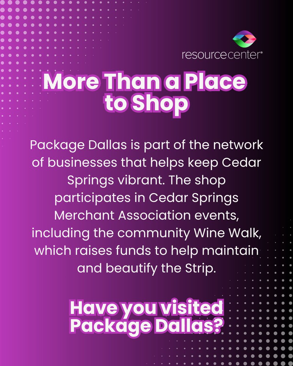 ResourceCtr's tweet photo. 👕 Cedar Springs Spotlight: Package Dallas

Celebrating the local businesses that help make Cedar Springs a vibrant part of the LGBTQIA+ community. 💜

#CommunitySpotlight #CedarSprings #DallasLGBTQ https://t.co/rZkeL4j8Z8