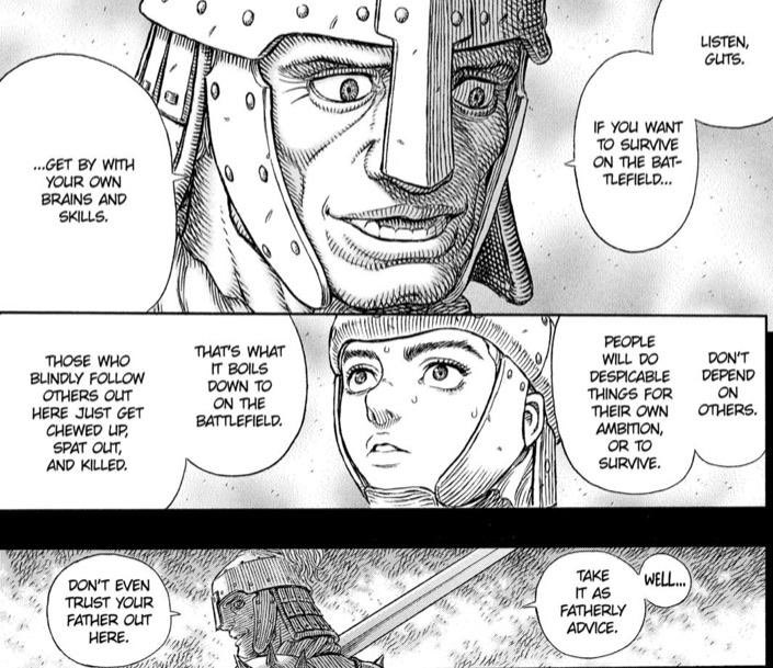 reallifeguts's tweet photo. Looking back at this panel Gambino was right about everything in a cruel twisted way, he even warned a younger Guts about his own nature and eventual betrayal. Man, fuck you Gambino. https://t.co/wKmta5Ci01