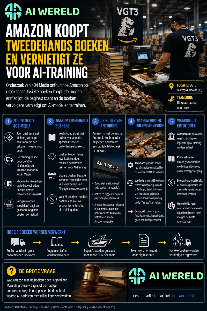 AiWereld's tweet photo. Amazon koopt tweedehands boeken om ze vervolgens… kapot te maken.

Volgens onderzoek van 404 Media koopt Amazon op grote schaal fysieke boeken. De rug wordt eraf gesneden, de losse pagina’s worden gescand en de tekst wordt gebruikt als data voor AI-training.

Waarom die omslachtige route? Omdat het juridisch interessant is.

Een Amerikaanse rechter oordeelde eerder in een zaak rond Anthropic dat het digitaliseren van legaal gekochte fysieke boeken onder specifieke omstandigheden als ‘fair use’ kon gelden.

Dat levert een vreemde nieuwe economie op:

📚 Koop een tweedehands boek voor een paar dollar
✂️ Snijd de rug eraf
📄 Scan alle pagina’s
🤖 Gebruik de tekst voor AI
🗑️ Vernietig het fysieke exemplaar

De auteur krijgt bij die tweedehands aankoop doorgaans niets extra’s, terwijl de inhoud uiteindelijk kan bijdragen aan AI-systemen die miljarden waard zijn.

En vooral bij zeldzame boeken wordt het interessant.

Een vergeten technisch handboek uit 1986 kan voor bijna niemand commerciële waarde hebben, maar voor een AI-bedrijf juist waardevol zijn omdat de tekst waarschijnlijk nog niet in bestaande datasets zit.

AI-bedrijven hebben dus niet alleen honger naar chips en stroom.

Ze hebben behoefte aan menselijke kennis.

En die zoektocht verplaatst zich nu van het internet naar de stoffige stapels van tweedehands boekhandels.